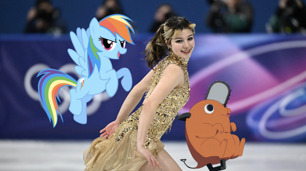 Alysa Liu in her free skate accompanied by Rainbow Dash and Pochita. 